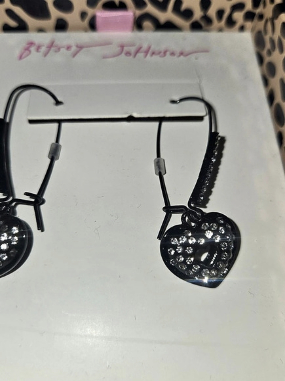 Betsey Johnson Love Spell Heart Safety Pin Drop Earrings Black & Silver